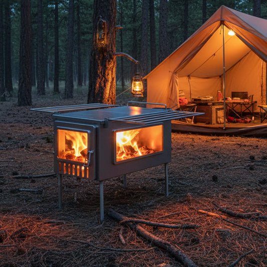 Hot tent with wood stove in forest campsite 