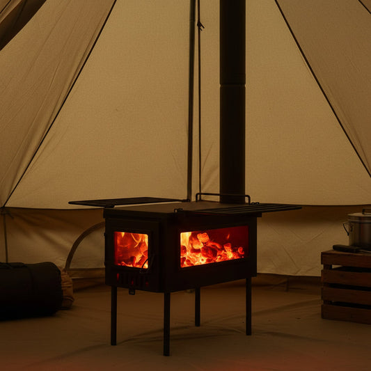 Hot coals inside tent wood stove while camping
