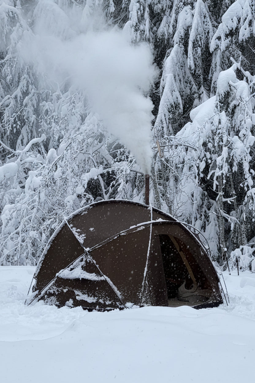Hot tent camping with wood stove in below freezing outdoor conditions 