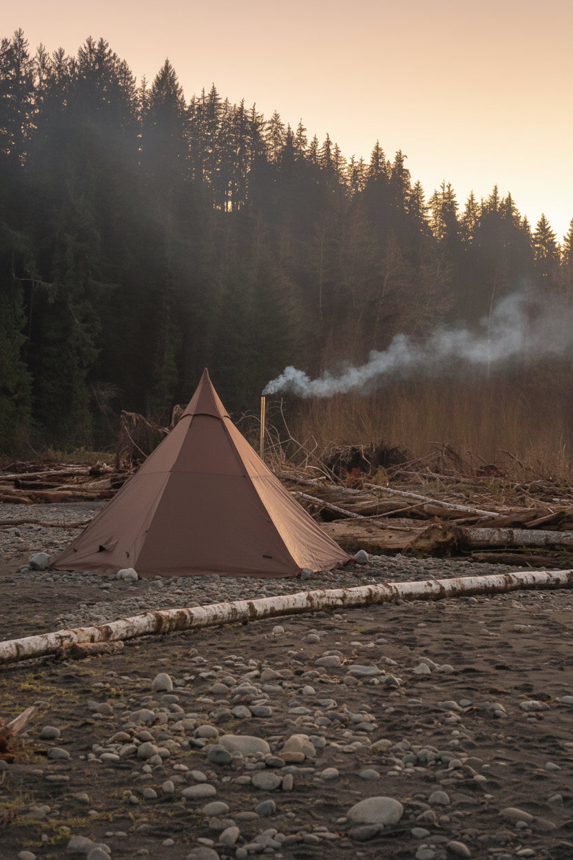 Hot tent camping with a wood stove in the forest