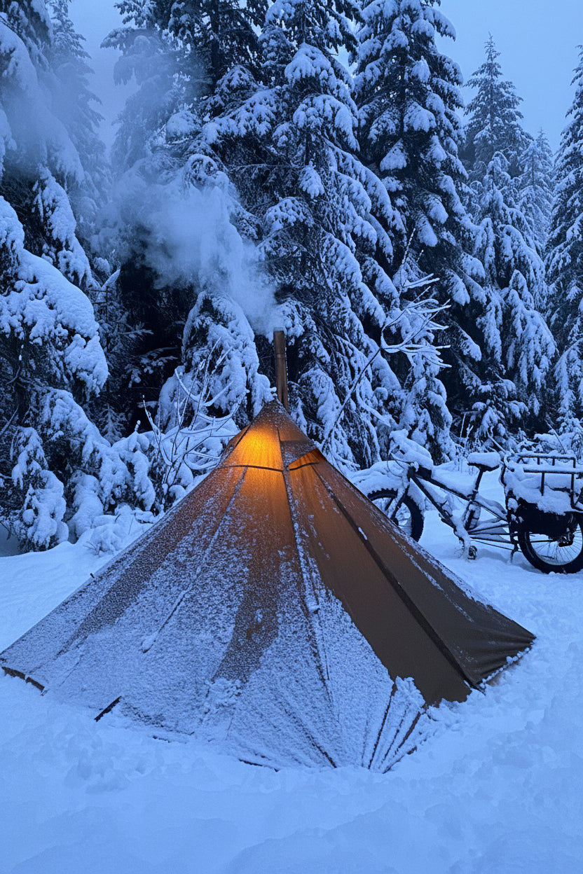 Hot tent camping in a snowy forest campsite