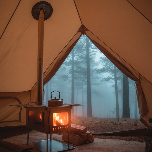 Hot tent campsite with wood stove inside a foggy forest 