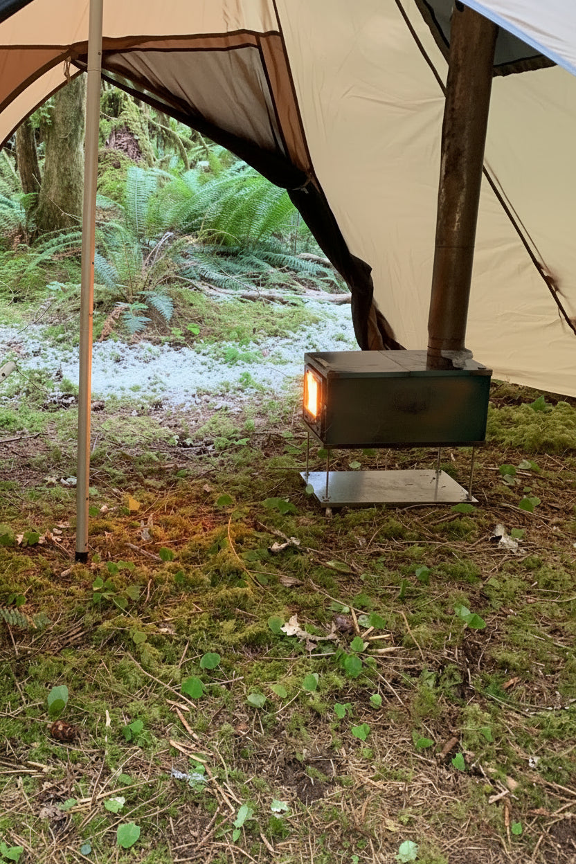Hot tent camping in the forest with a light dusting of snow  on the ground