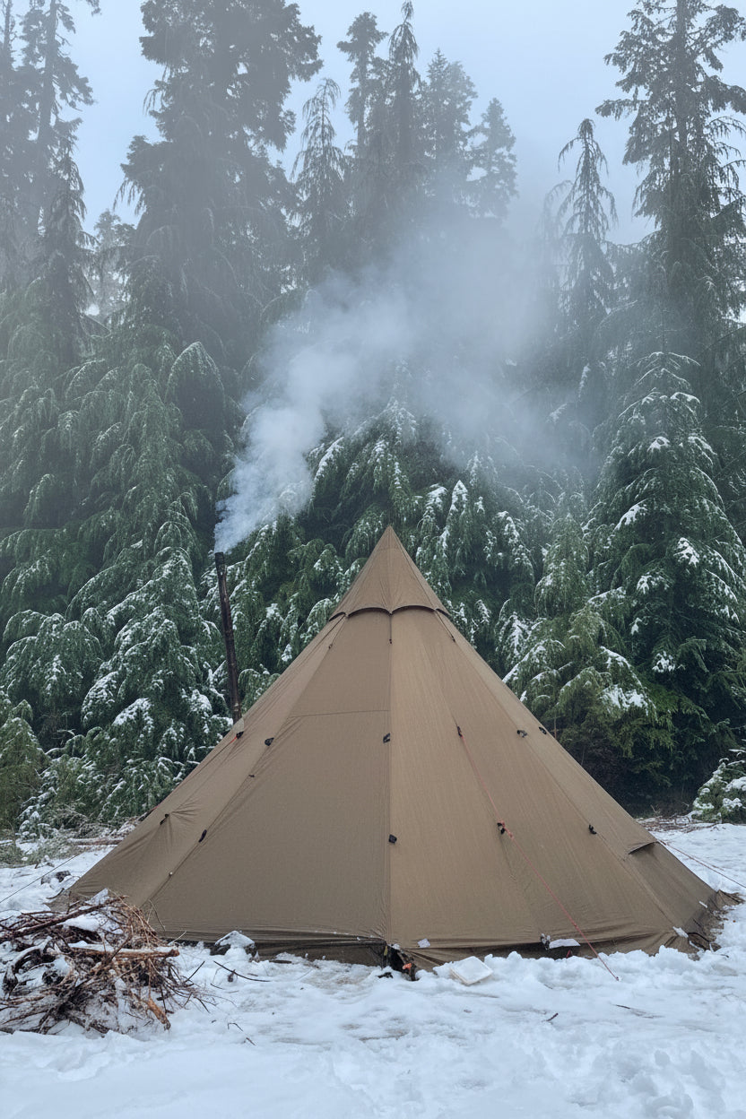Hot tent with wood stove jack in forest campsite in the snow