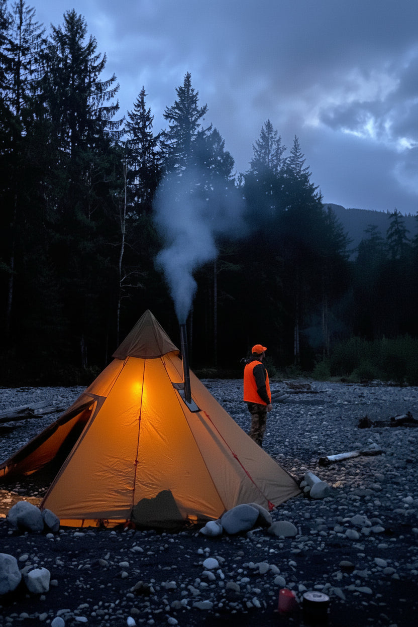 Overnight campsite with hot tent and wood stove in the forest