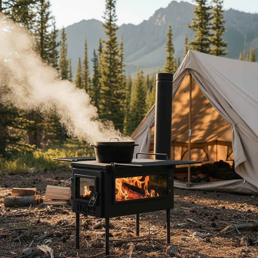 Cooking food in a dutch oven in hunting camp with a wood stove