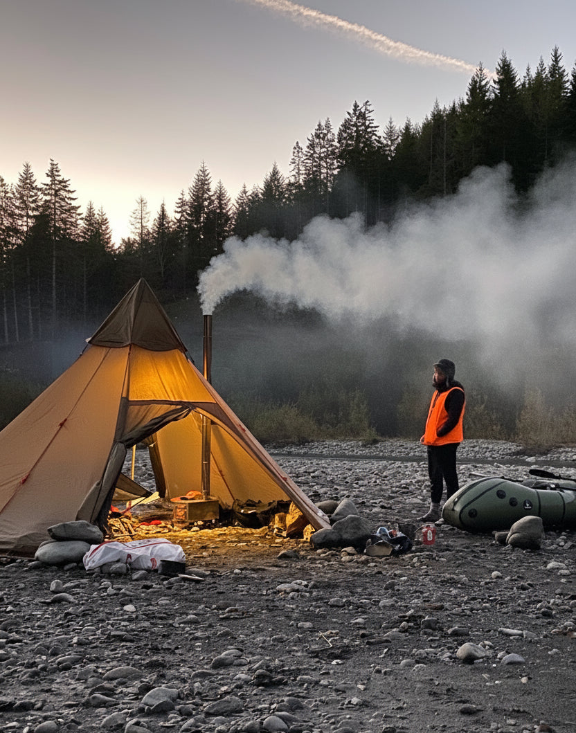 Solo hunting camp using tent wood stove