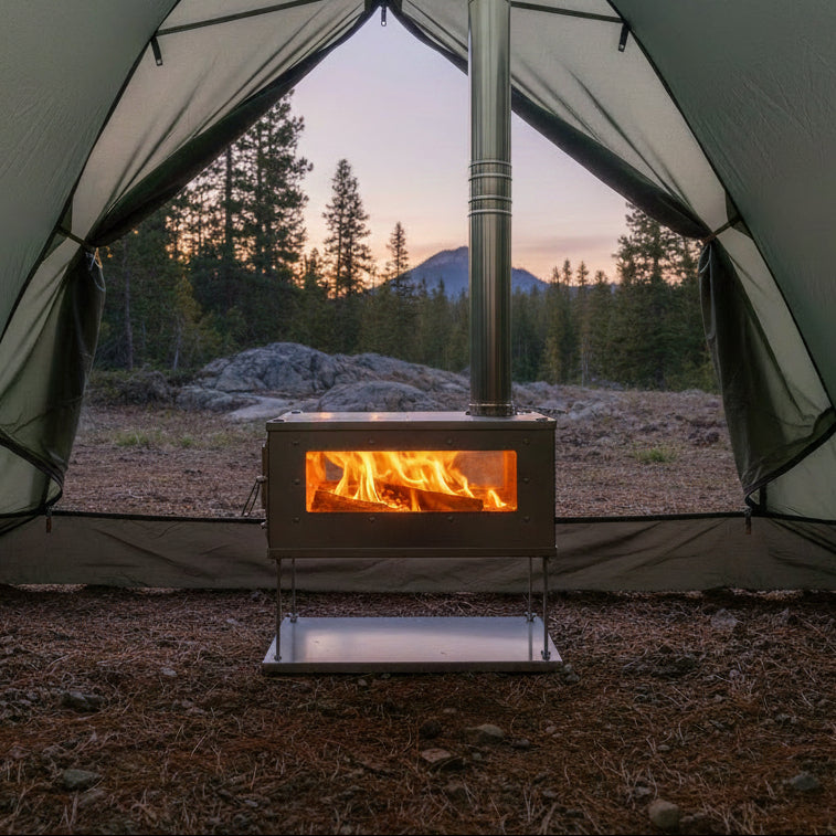 Hunting wood stove inside floorless tent