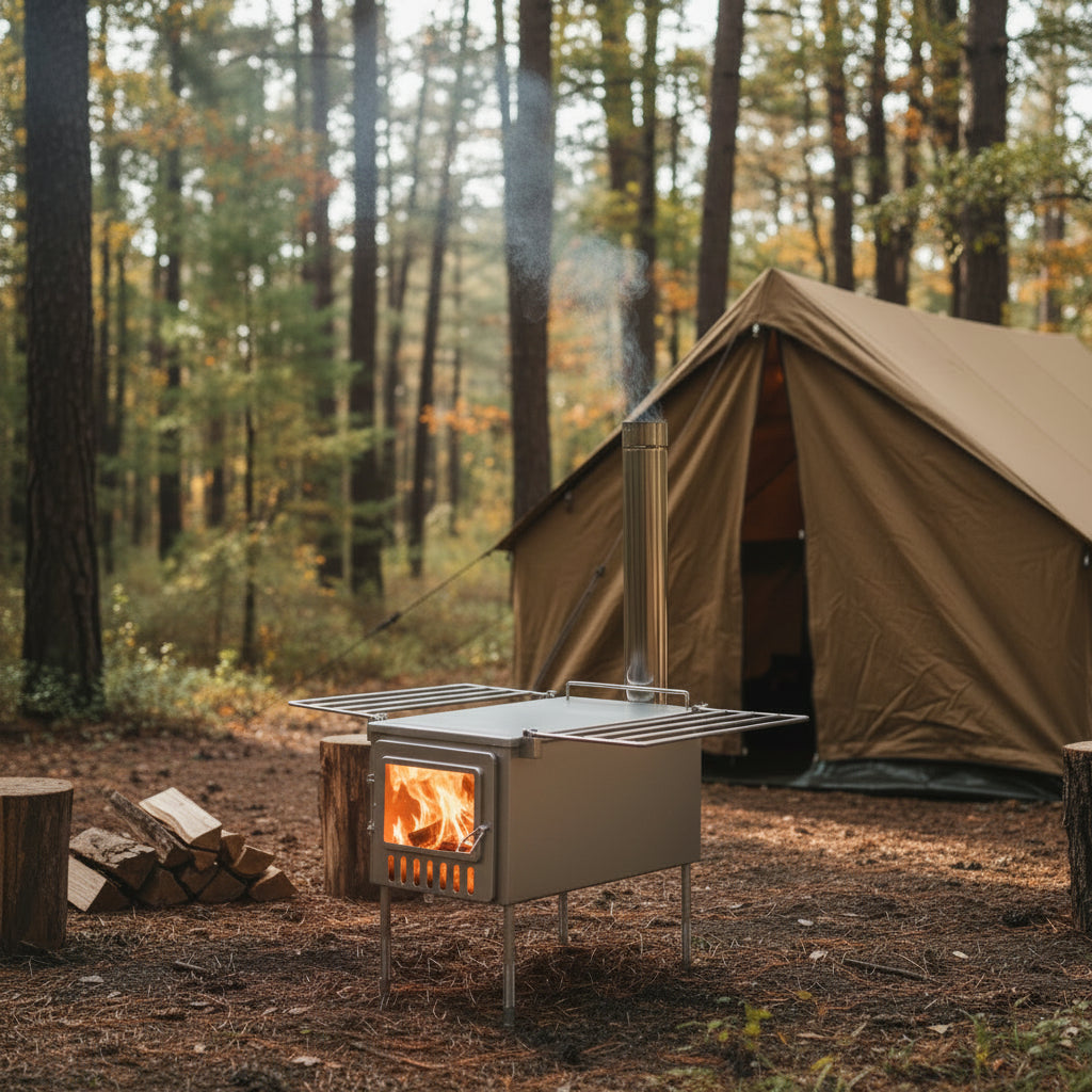 Large tent wood stove setup in campsite