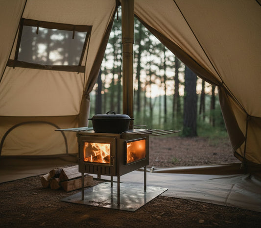 Camp kitchen with wood stove for cooking