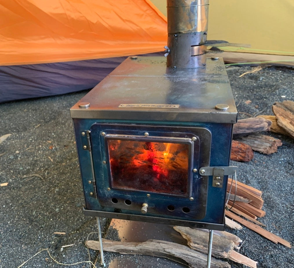 Medium Size Titanium Wood Stove with Firewood in Tent