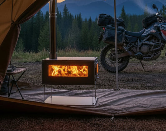 Motorcycle camping with tent wood stove