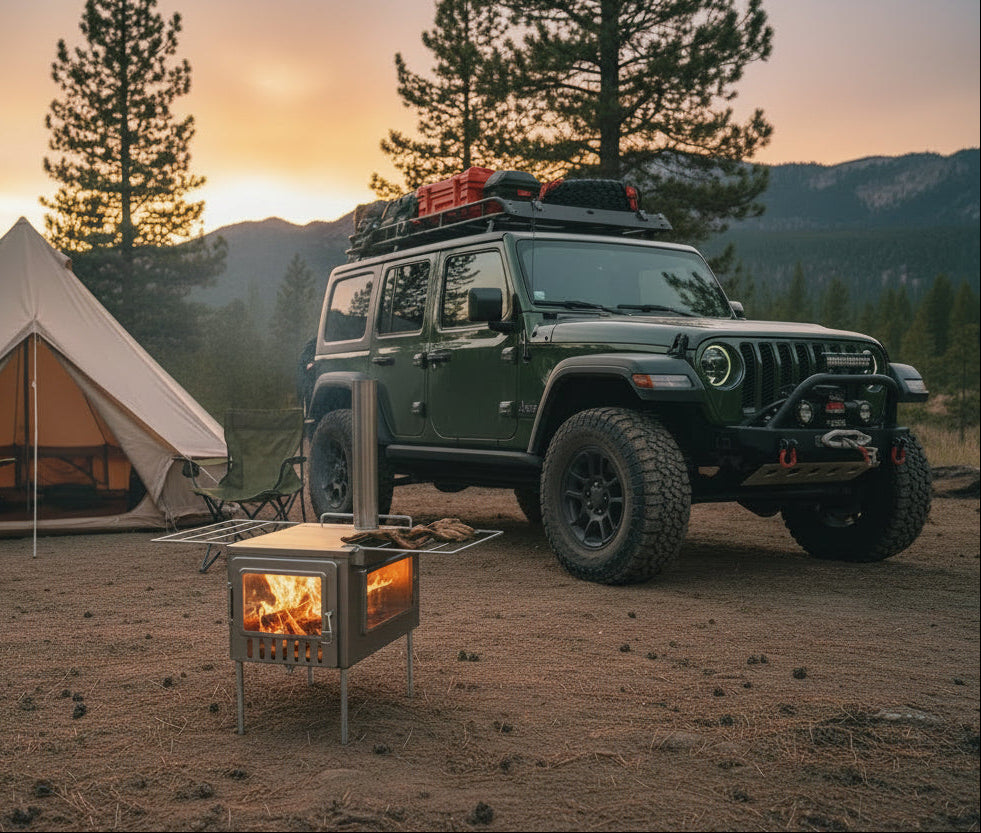 Overlanding style camp with Jeep and wood stove