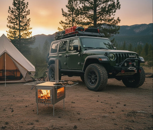 Overlanding style camp with Jeep and wood stove