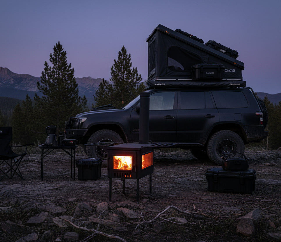 Overlanding campsite with wood stove