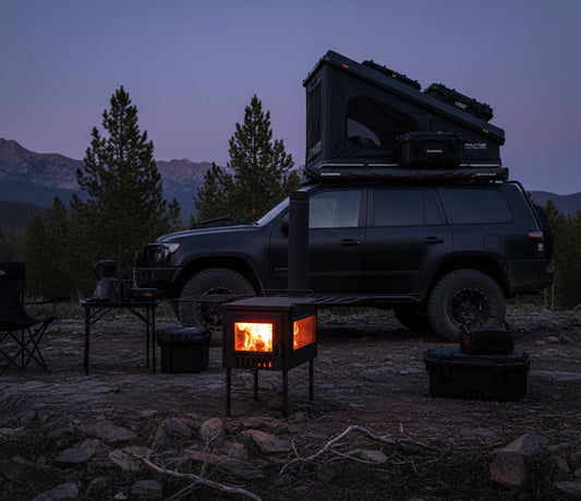 Overlanding campsite with wood stove