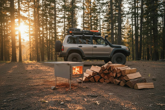 Overlanding camp with wood stove and firewood in the forest