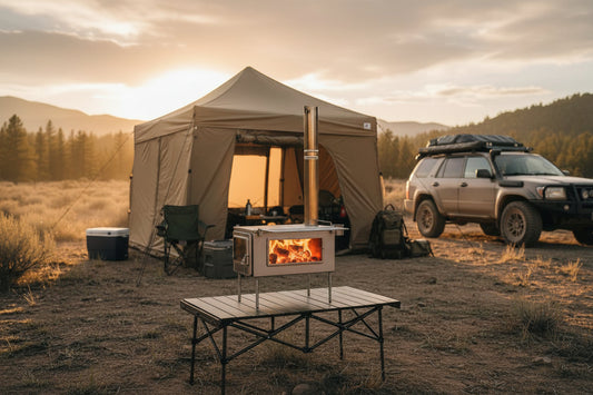 Overlanding pop-up canopy tent shelter with wood stove