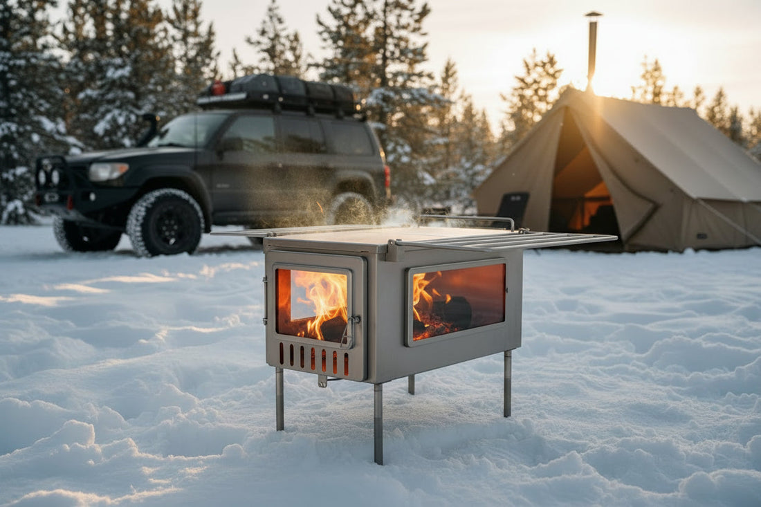 Overlanding camp with tent and wood stove