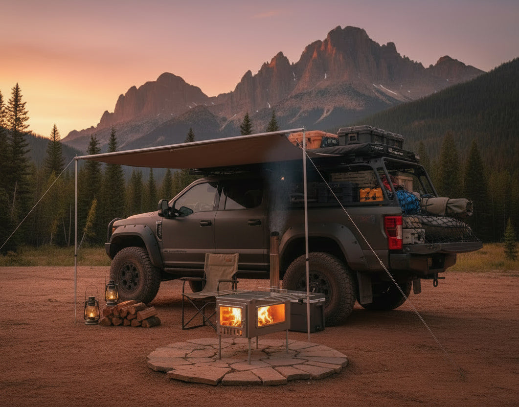 Overlanding campsite with wood stove