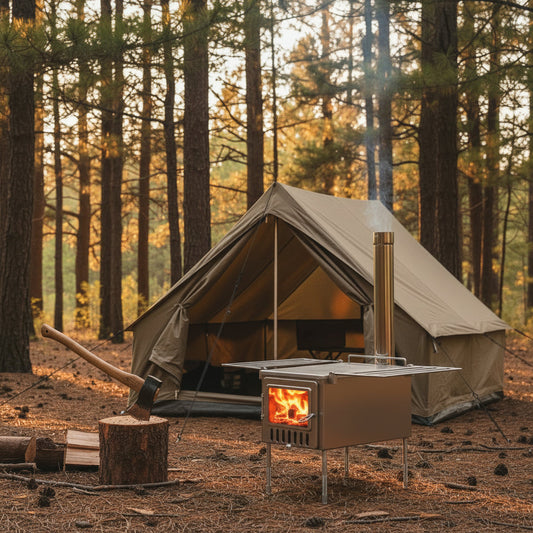 Processing firewood for tent wood stove in campsite 