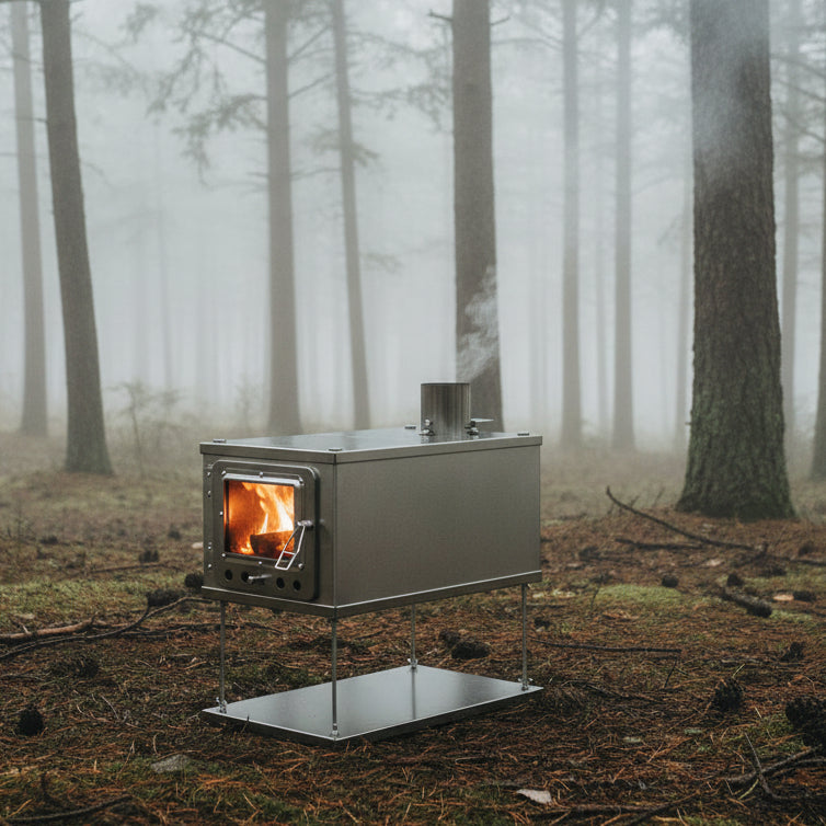 Tent wood stove in foggy forest