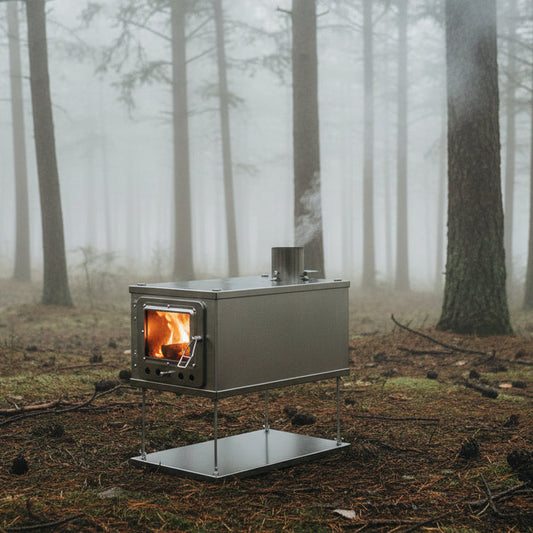 Tent wood stove in foggy forest