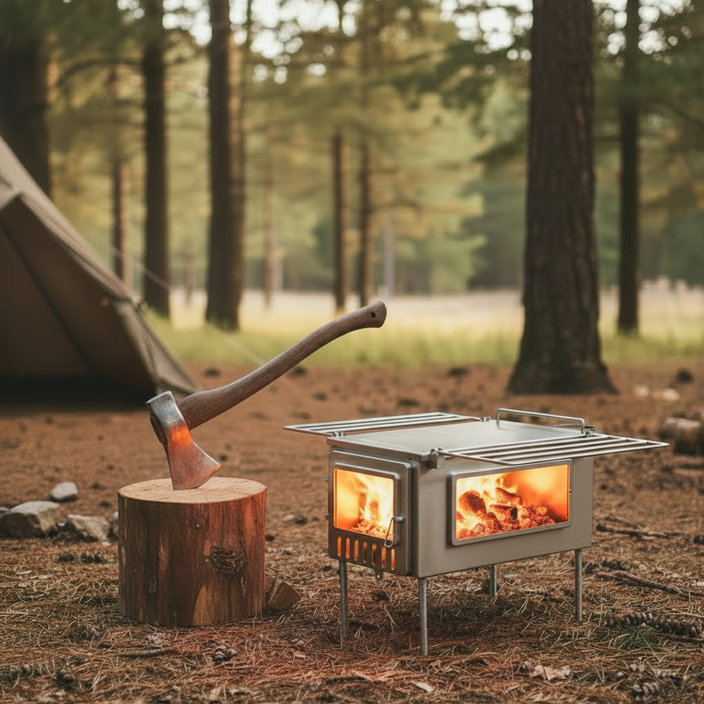 Split firewood for tent wood stove outdoors in the forest