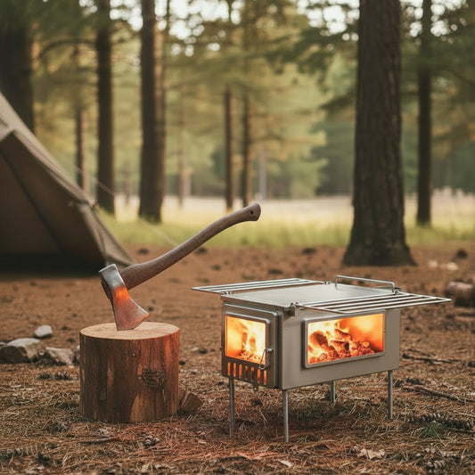 Split firewood for tent wood stove outdoors in the forest