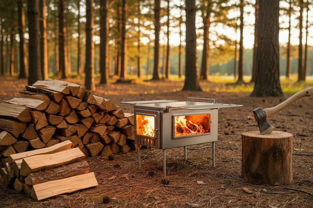 Splitting firewood for tent wood stove in camp