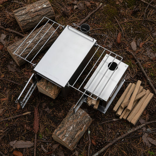 Steel and titanium wood stoves with firewood in the forest