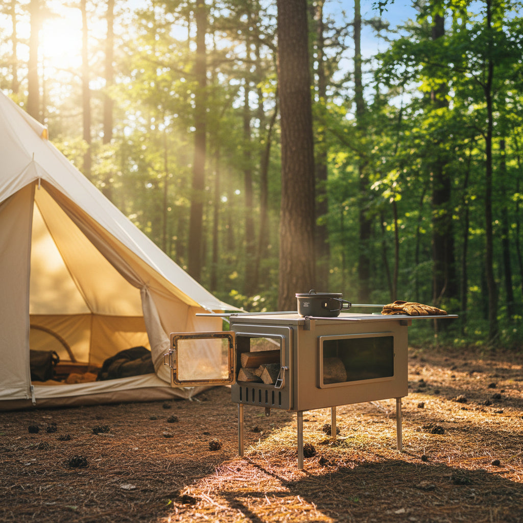 Camping with a wood stove in the forest during summer