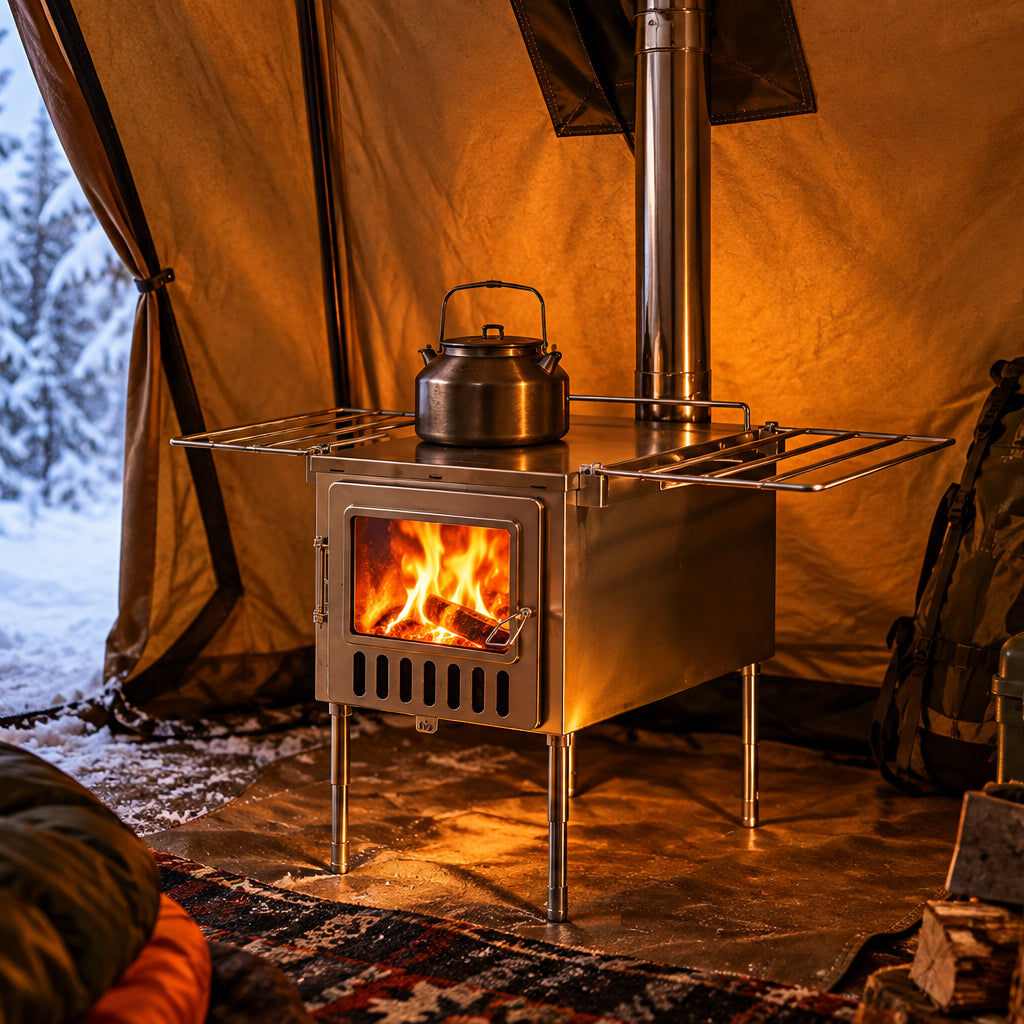 Boiling water on a tent wood stove while winter camping