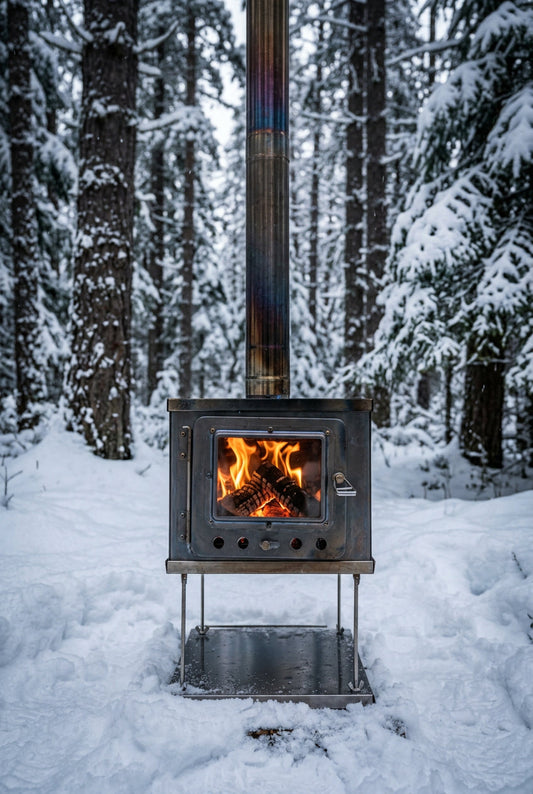 Tent wood stove winter camping in the snowy forest 