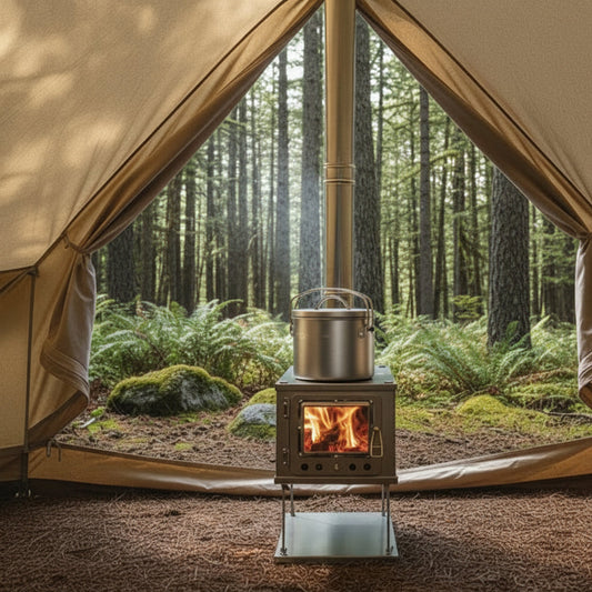 Tent wood stove camping in the forest overnight