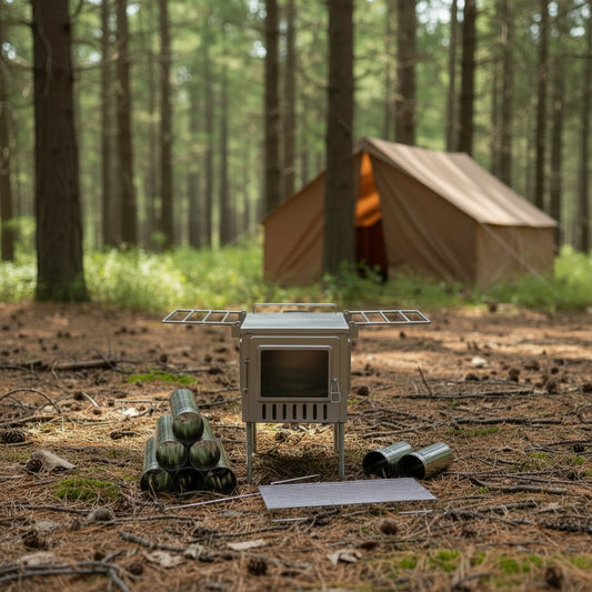 Breaking down tent wood stove in forest campsite