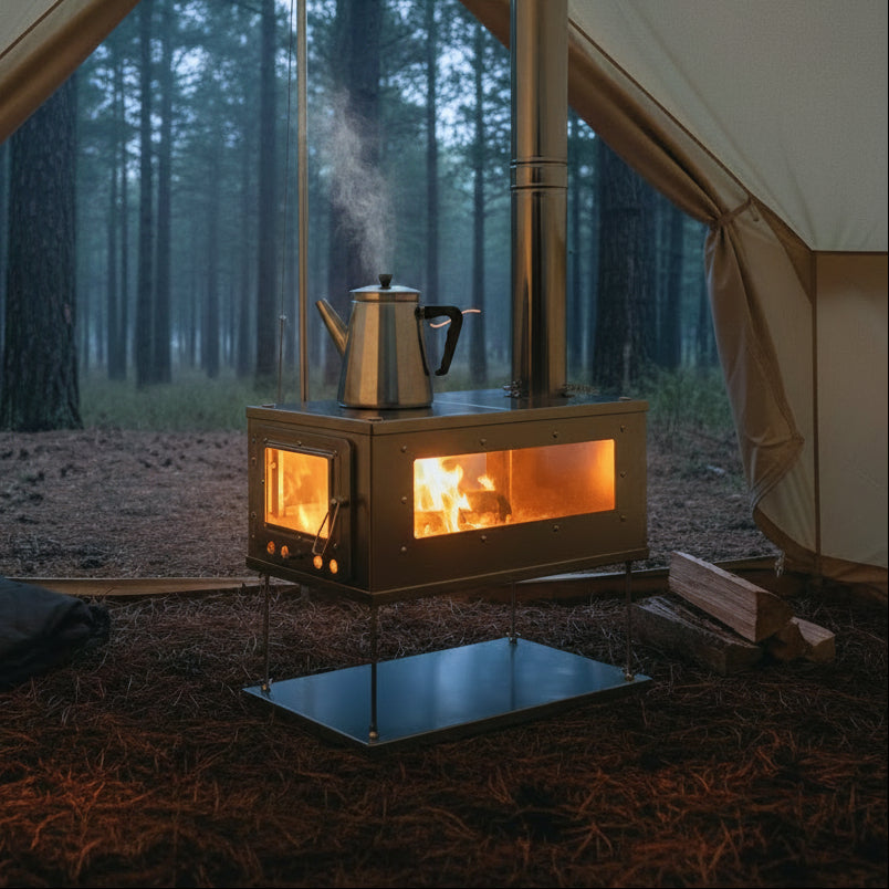 Tent wood stove camping in the forest