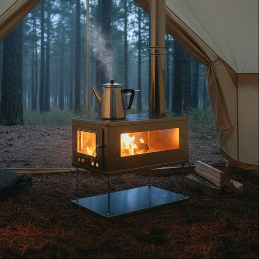 Tent wood stove camping in the forest