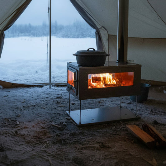 Tent wood stove with fire inside windows in campsite