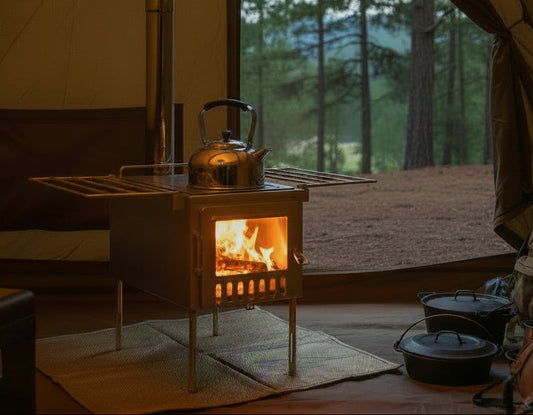 Tent wood stove with fireplace glass windows in tent camping campsite