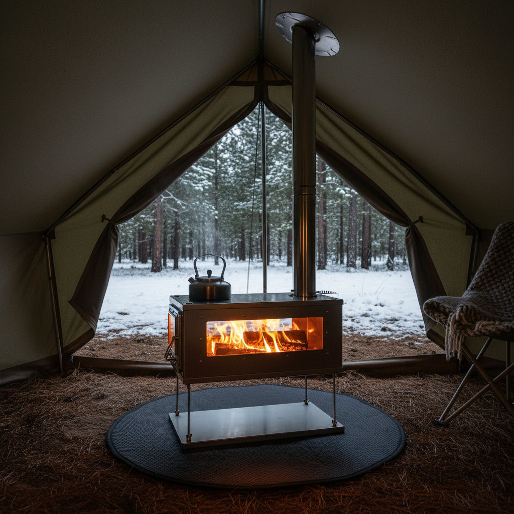 Tent wood stove with fireproof stove mat