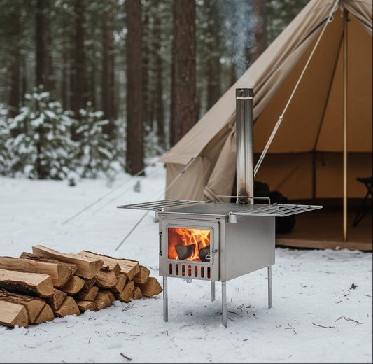 Tent wood stove with firewood while camping in the snowy forest