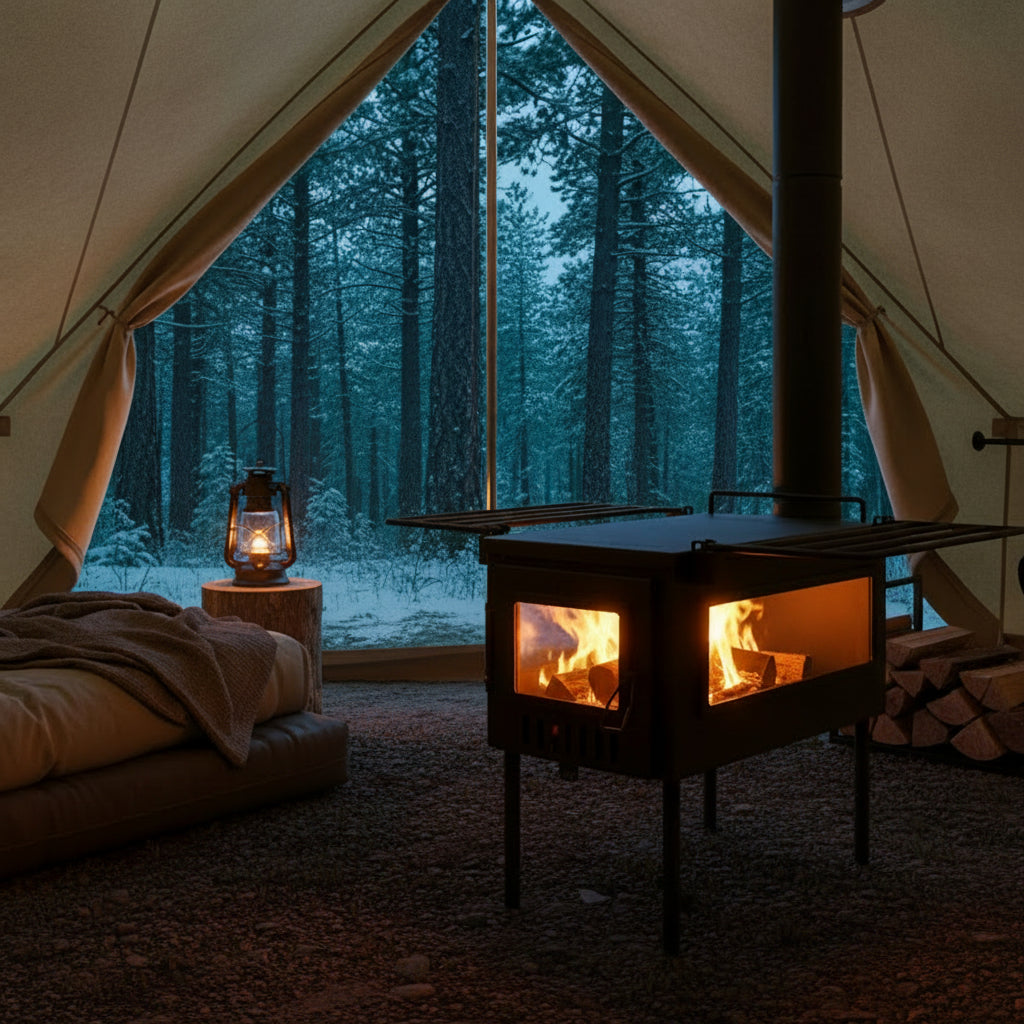 Tent wood stove camping in the forest with a dusting of snow
