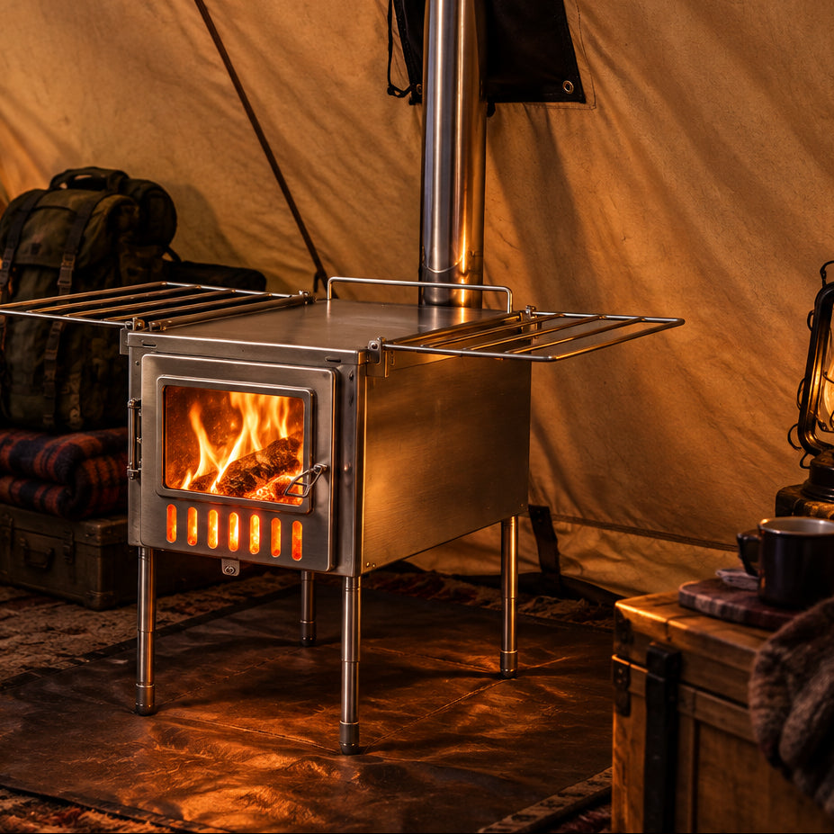 Wood stove inside tent while camping