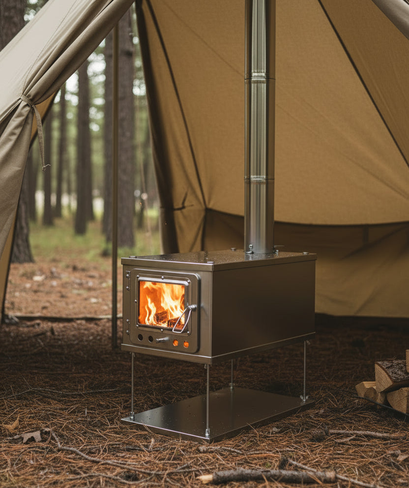 Tent wood stove inside floorless tent while camping in the forest