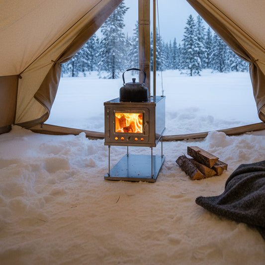 Tent wood stove set up on a snow covered campsite