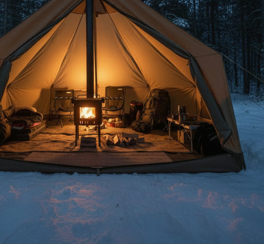 Tent wood stove inside shelter in snow