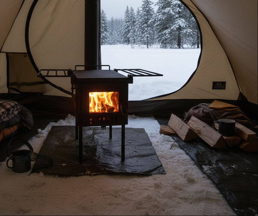 Snow camp with tent wood stove and firewood