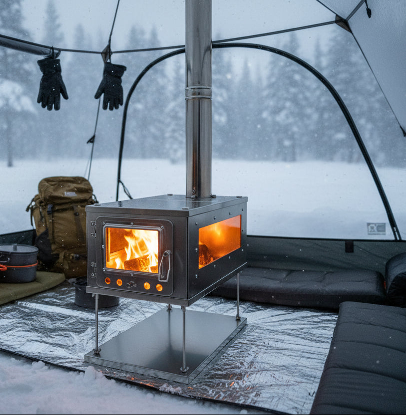 Tent wood stove camping on snow in a backpacking campsite