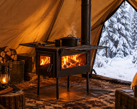 Tent wood stove in a snowy winter camping campsite 